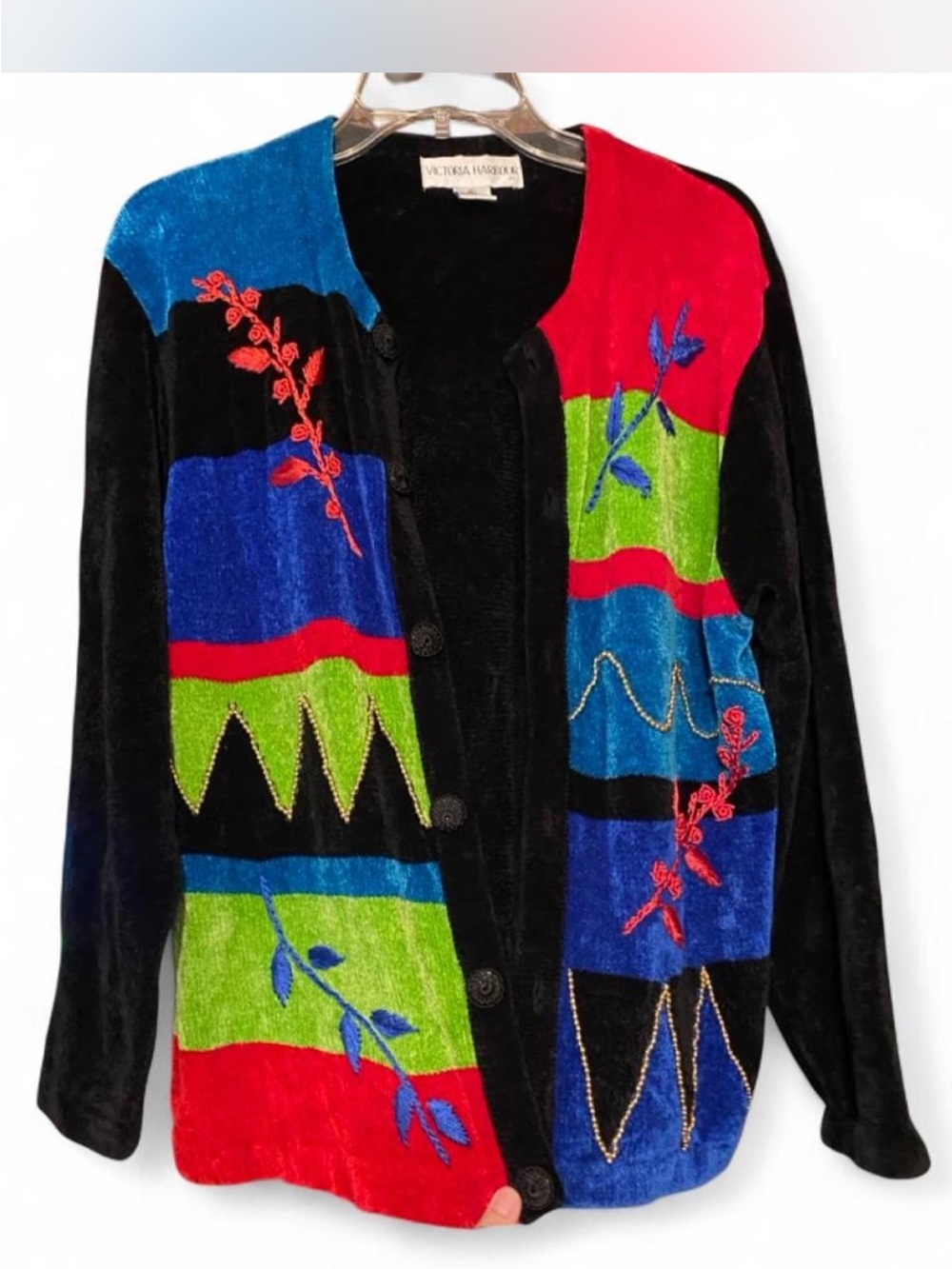 Victoria Hayes Velvet Colorblock Embroidered Cardigan - Black, Blue, Red, Green